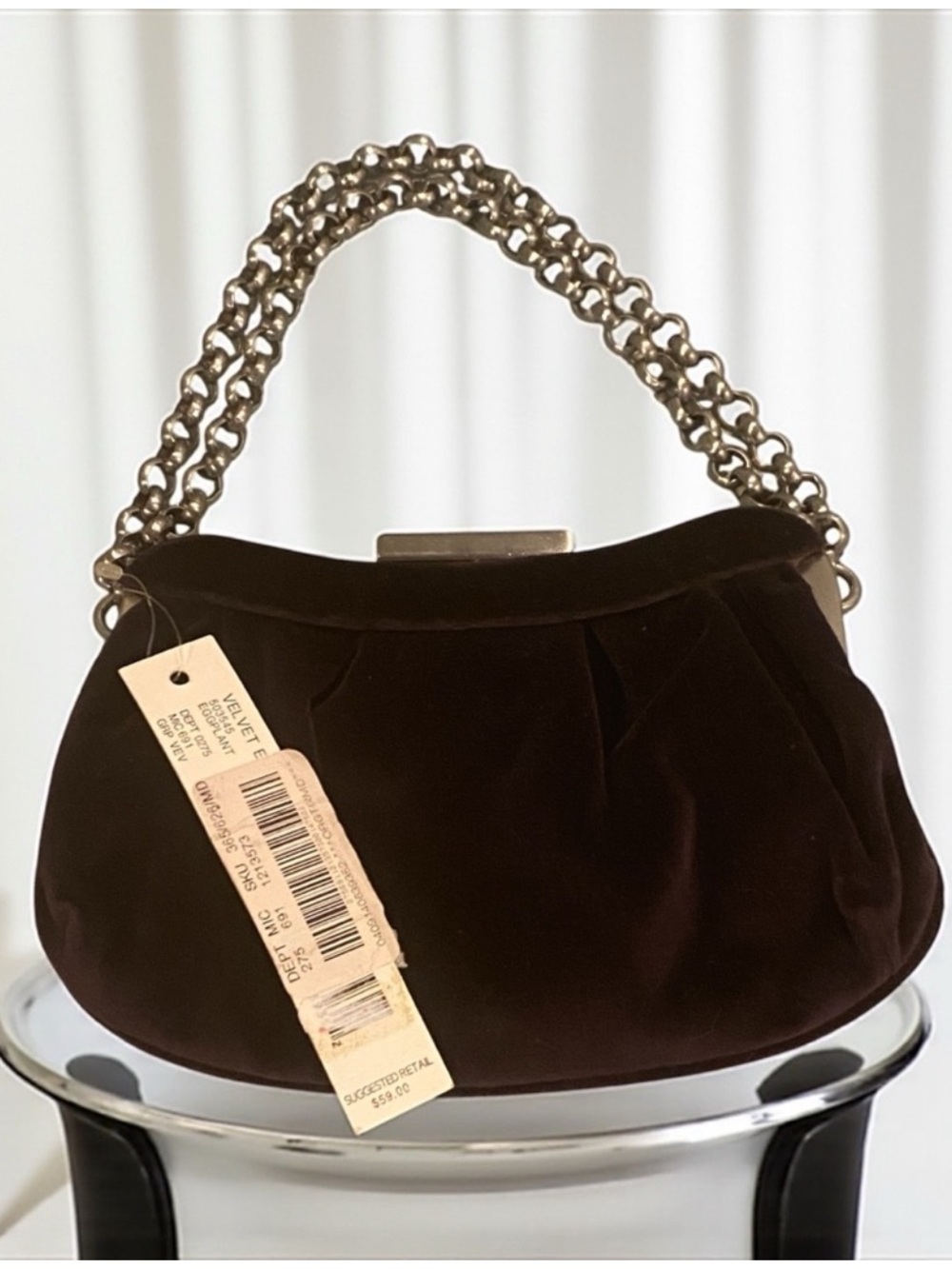Deep Eggplant Antonio Melani Velvet Pleated Mini Clutch with Chunky Silver Chain